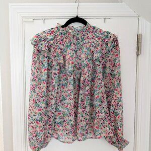 Boden V Yoke Flounce Top in Ivory Gardenia Petal Floral US Sz 4 / UK 8